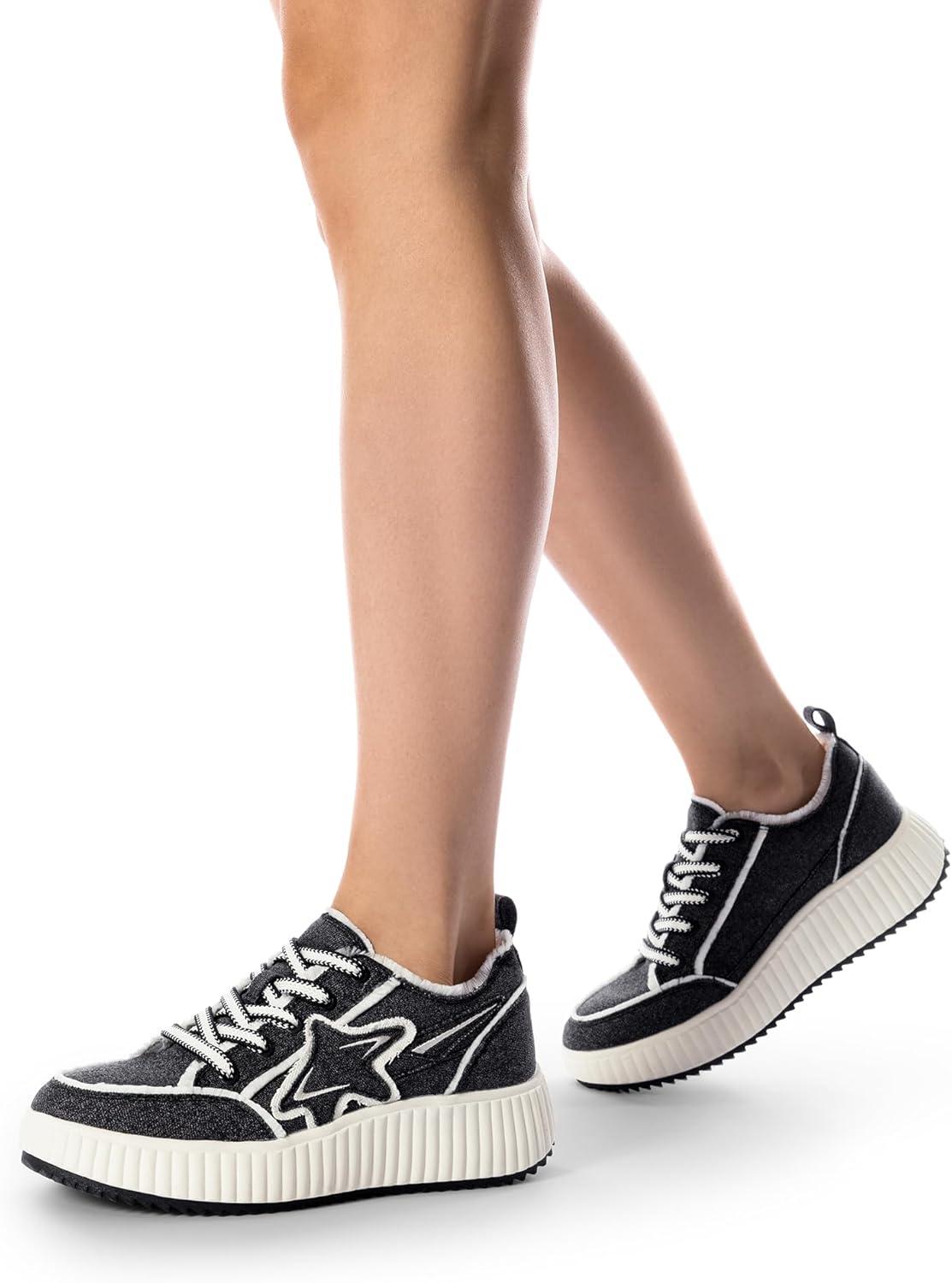 imageDREAM PAIRS Women Platform Chunky Lightweight Comfortable Casual Denim Fabric LaceUp Kay Walking Fashion SneakersBlackWhite