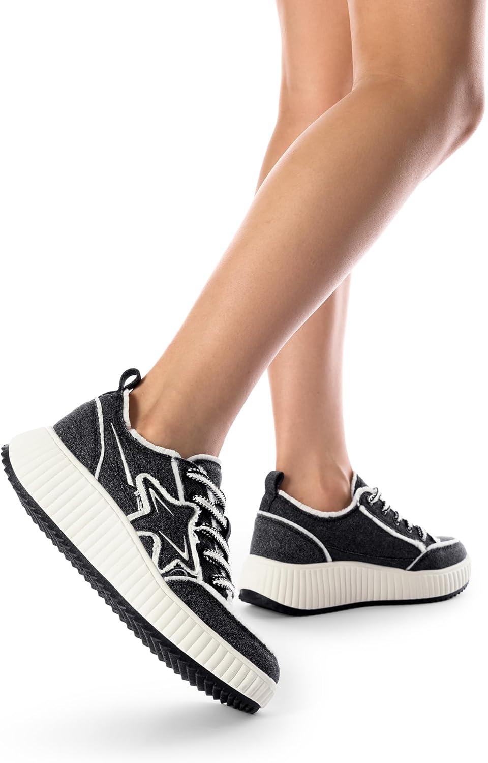 imageDREAM PAIRS Women Platform Chunky Lightweight Comfortable Casual Denim Fabric LaceUp Kay Walking Fashion SneakersBlackWhite