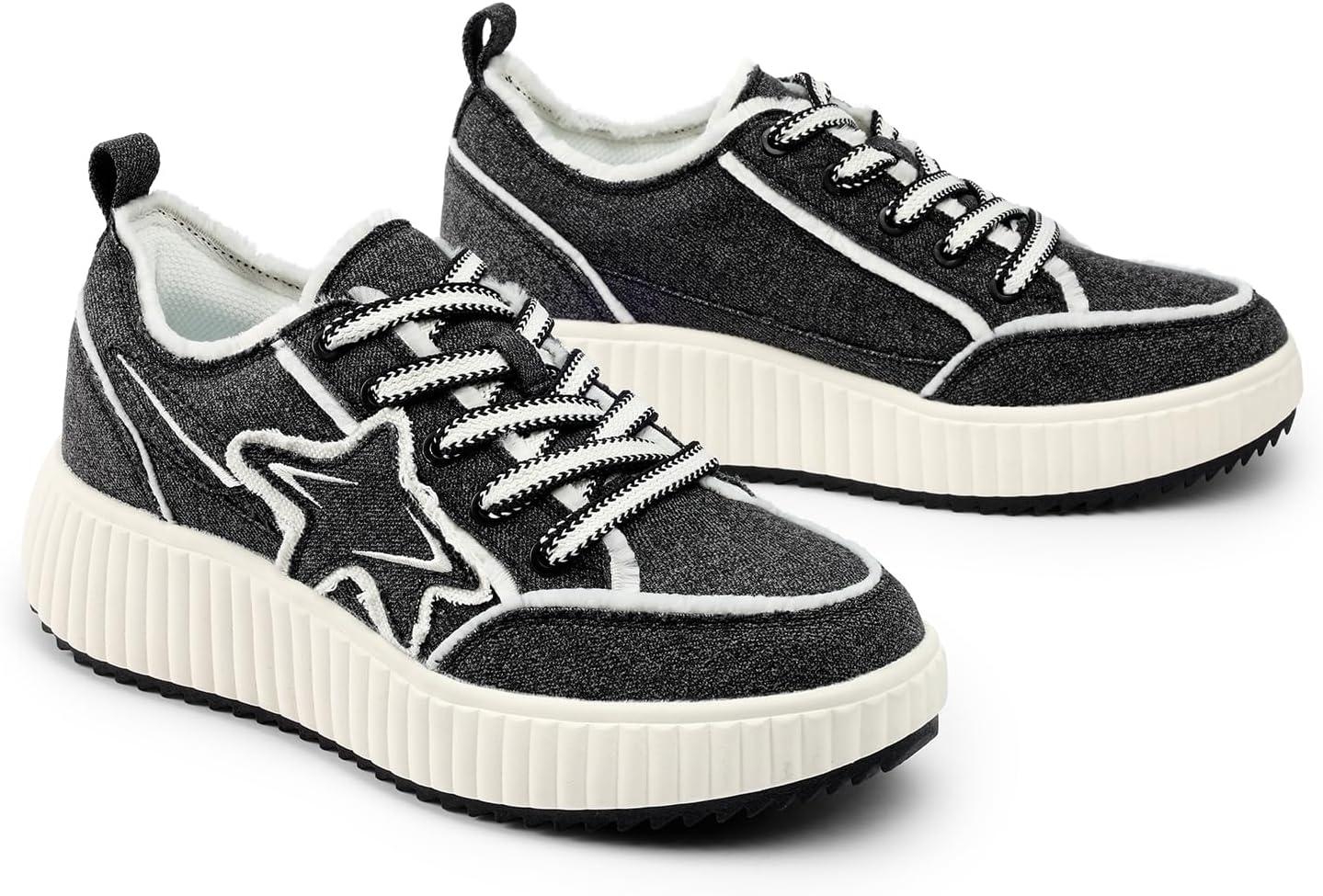 imageDREAM PAIRS Women Platform Chunky Lightweight Comfortable Casual Denim Fabric LaceUp Kay Walking Fashion SneakersBlackWhite