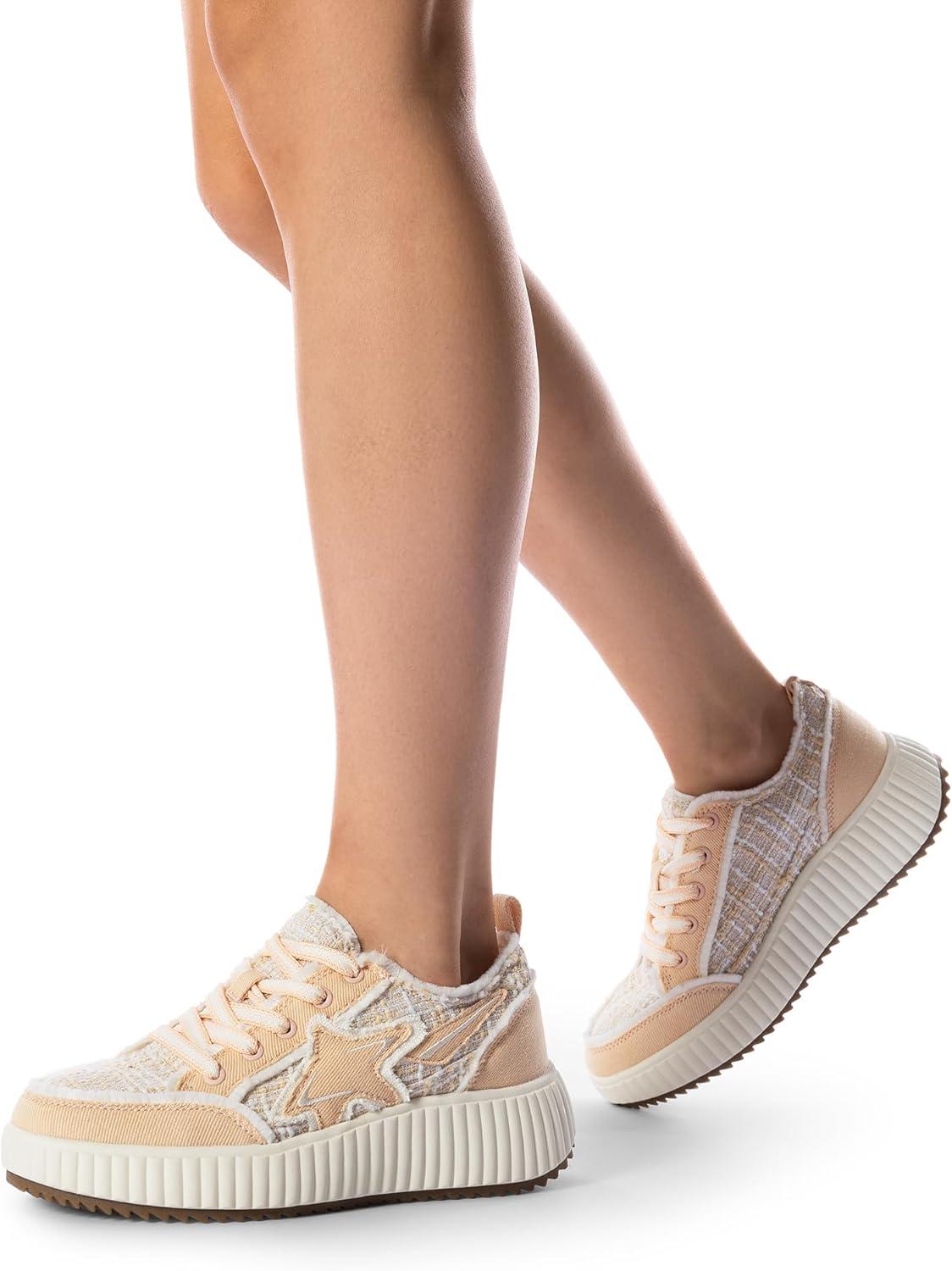 imageDREAM PAIRS Women Platform Chunky Lightweight Comfortable Casual Denim Fabric LaceUp Kay Walking Fashion SneakersPinkWhite