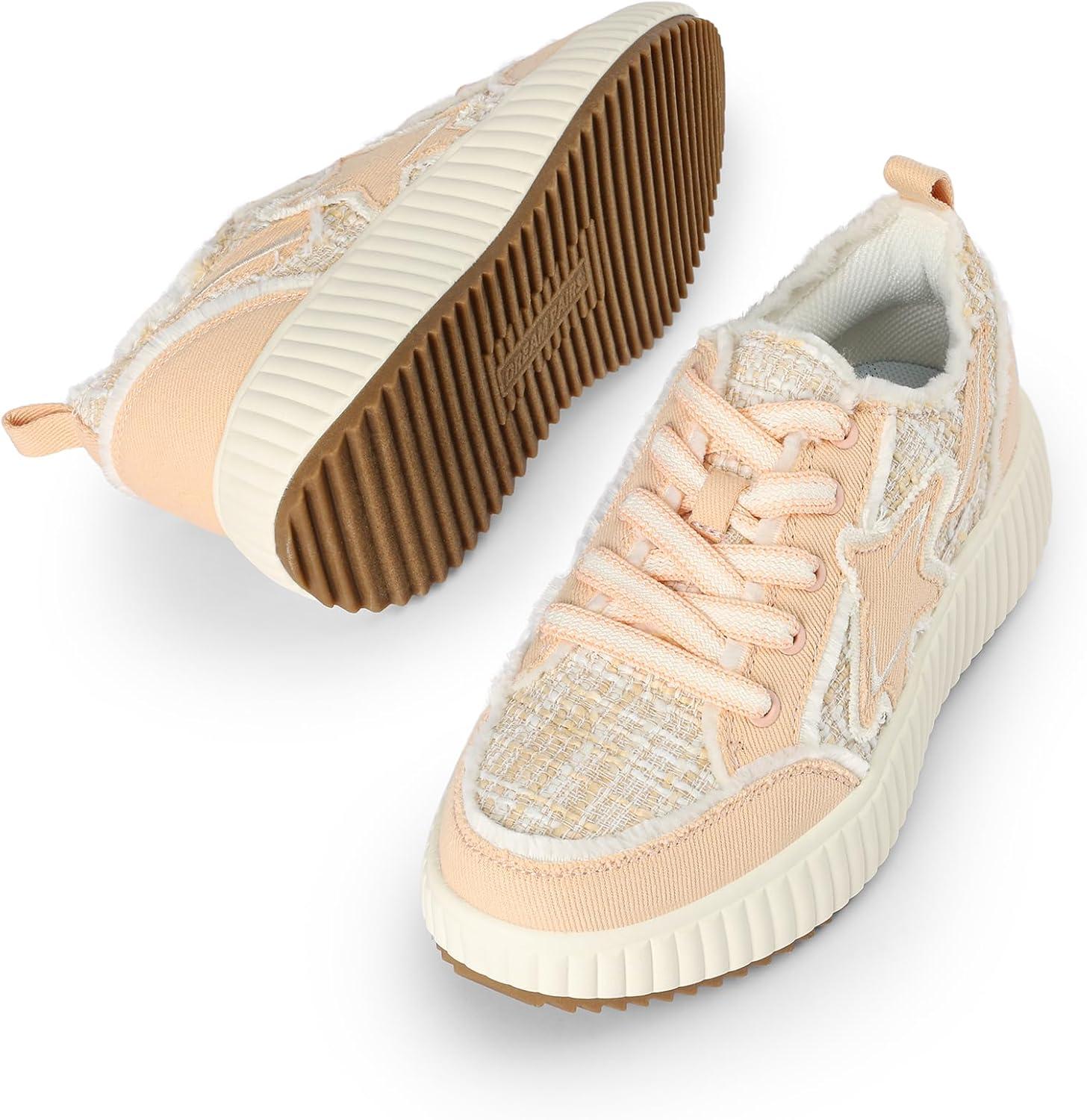 imageDREAM PAIRS Women Platform Chunky Lightweight Comfortable Casual Denim Fabric LaceUp Kay Walking Fashion SneakersPinkWhite