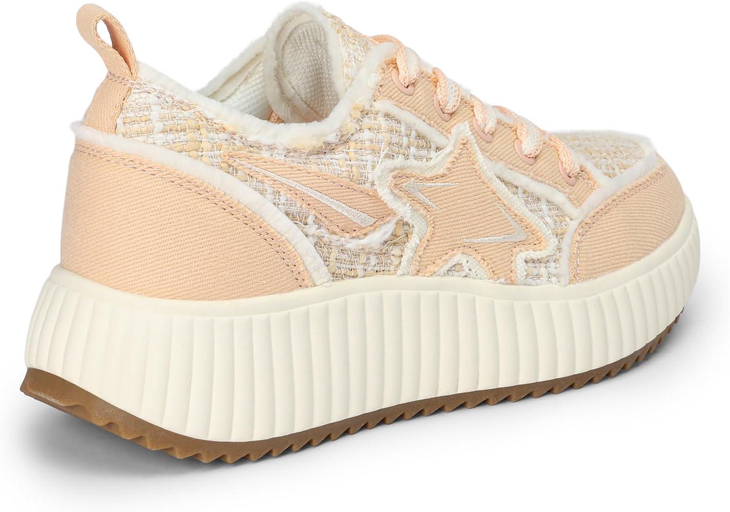 imageDREAM PAIRS Women Platform Chunky Lightweight Comfortable Casual Denim Fabric LaceUp Kay Walking Fashion SneakersPinkWhite