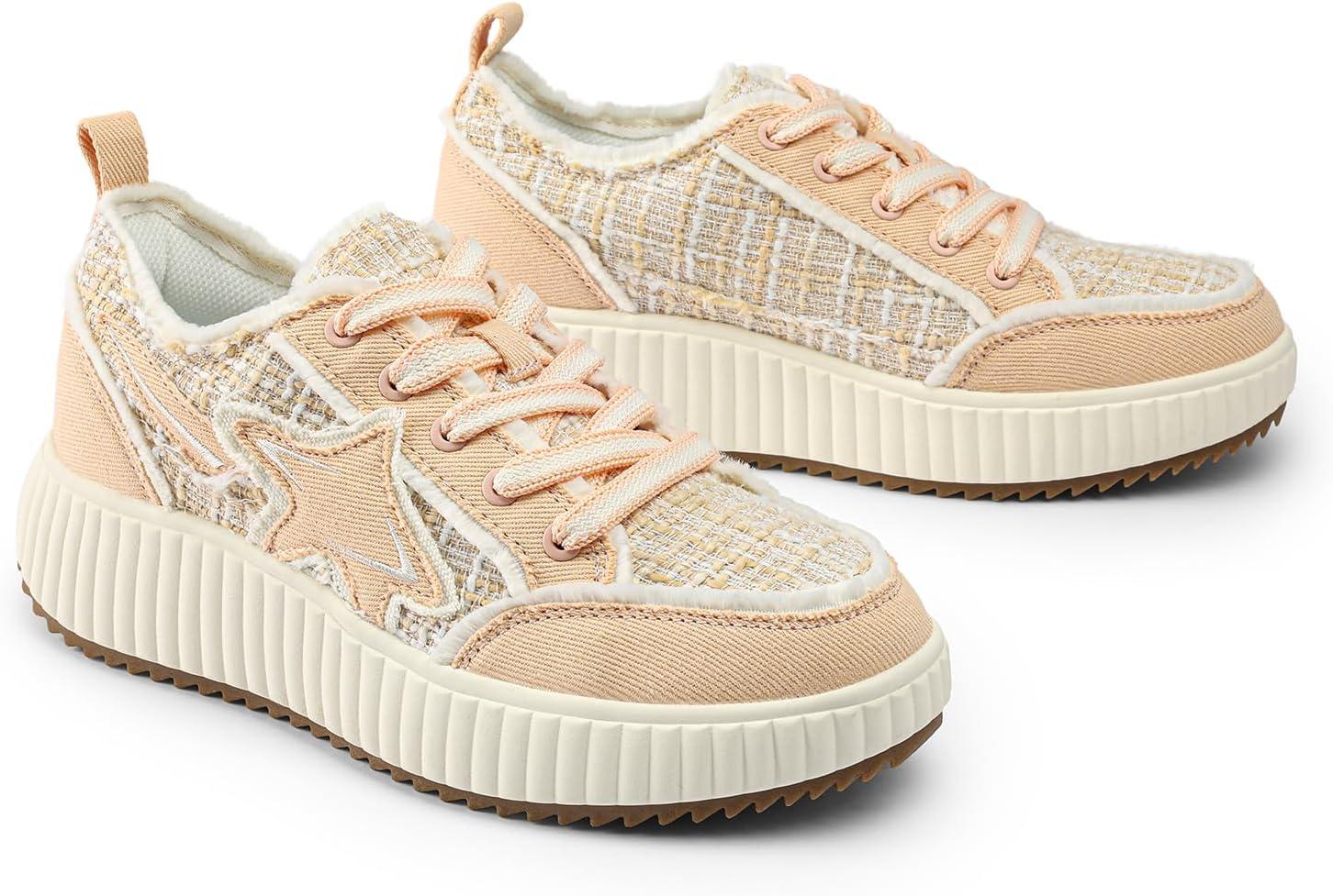 imageDREAM PAIRS Women Platform Chunky Lightweight Comfortable Casual Denim Fabric LaceUp Kay Walking Fashion SneakersPinkWhite