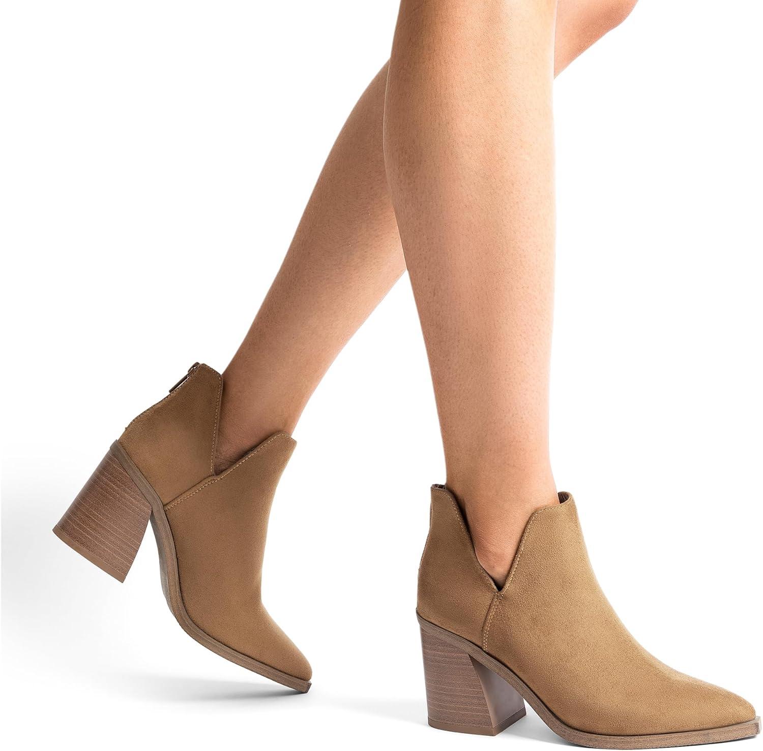 imageDREAM PAIRS Womens Ankle Boots Chunky Heel Pointed Toe Short Booties ShoesLight Brownsuede