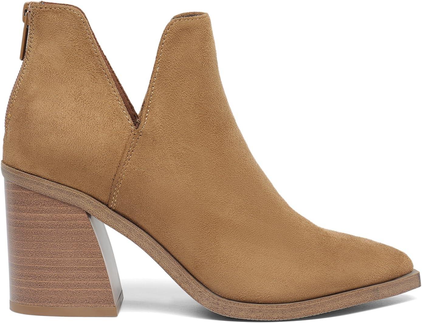 imageDREAM PAIRS Womens Ankle Boots Chunky Heel Pointed Toe Short Booties ShoesLight Brownsuede