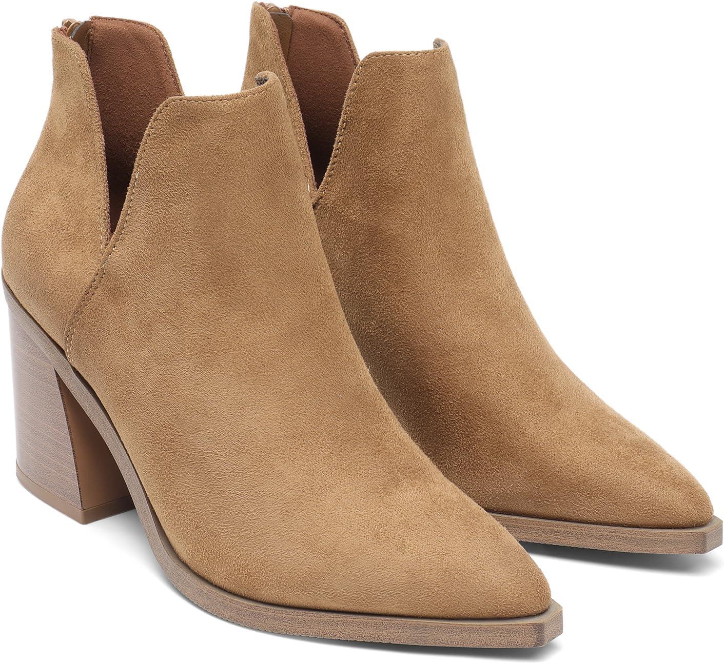 imageDREAM PAIRS Womens Ankle Boots Chunky Heel Pointed Toe Short Booties ShoesLight Brownsuede