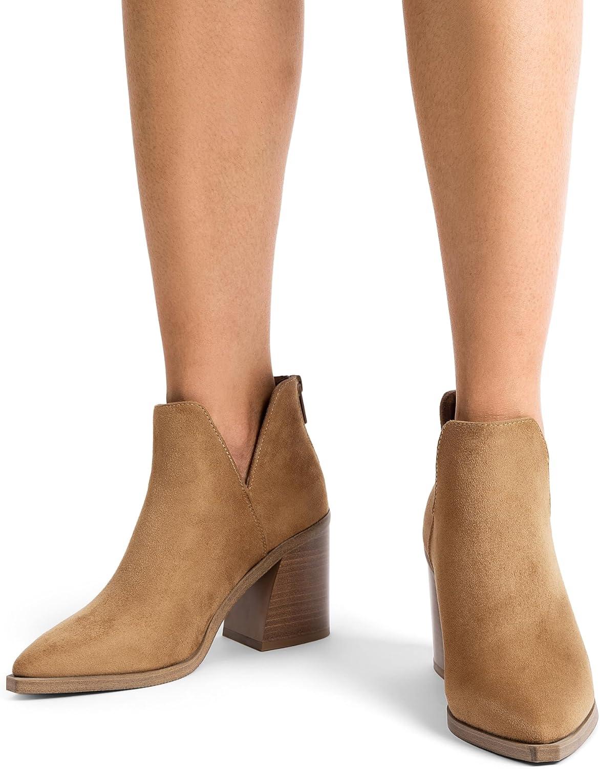 imageDREAM PAIRS Womens Ankle Boots Chunky Heel Pointed Toe Short Booties ShoesLight Brownsuede