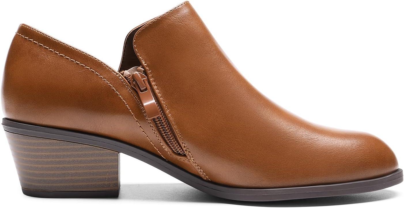 imageDREAM PAIRS Womens Ankle Boots Fall Boots Leather Thick Heel Side Zip Women Low Chunky Heeled BootiesBrownpu