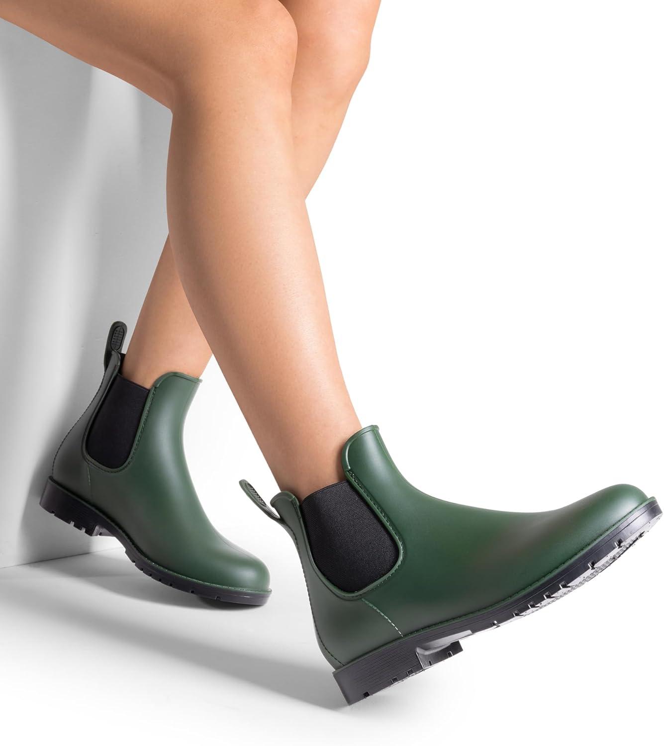 imageDREAM PAIRS Womens Ankle Rain Boots Chelsea Short Boots Waterproof Elastic Slip On Lightweight Comfortable Garden Outdoor ShoesOlive Green