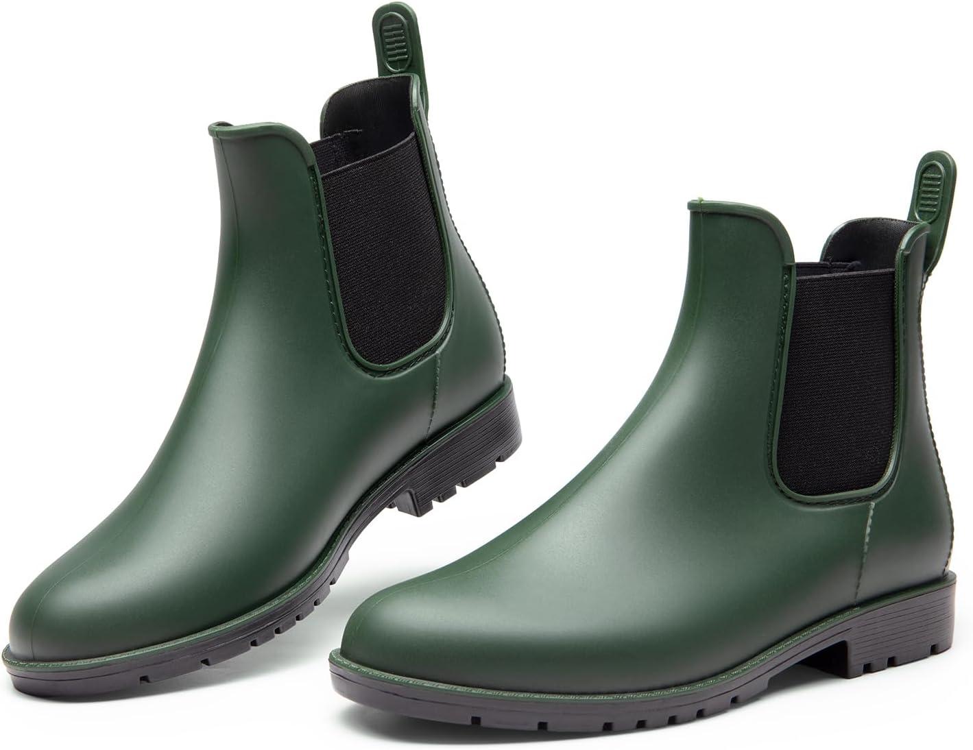 imageDREAM PAIRS Womens Ankle Rain Boots Chelsea Short Boots Waterproof Elastic Slip On Lightweight Comfortable Garden Outdoor ShoesOlive Green