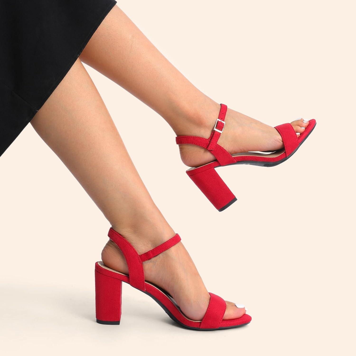 imageDREAM PAIRS Womens Chunky Heels Block Round Open Toe Ankle Strap Heel Fashion Wedding Party Comfort Dress Sandals ShoesRed