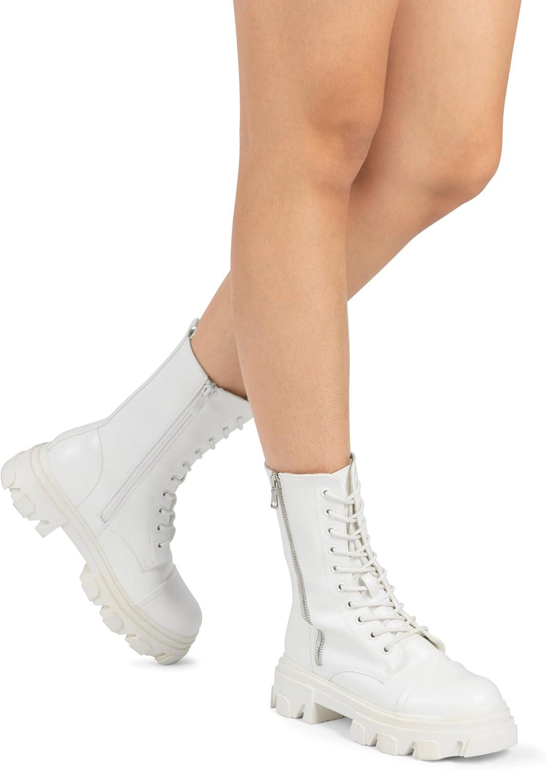imageDREAM PAIRS Womens Combat Boots Lace up Mid Calf Boots Low Heel Chunky Platform Lug Sole Riding BootsWhite