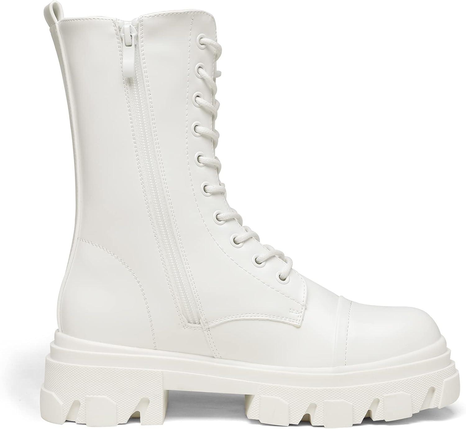 imageDREAM PAIRS Womens Combat Boots Lace up Mid Calf Boots Low Heel Chunky Platform Lug Sole Riding BootsWhite