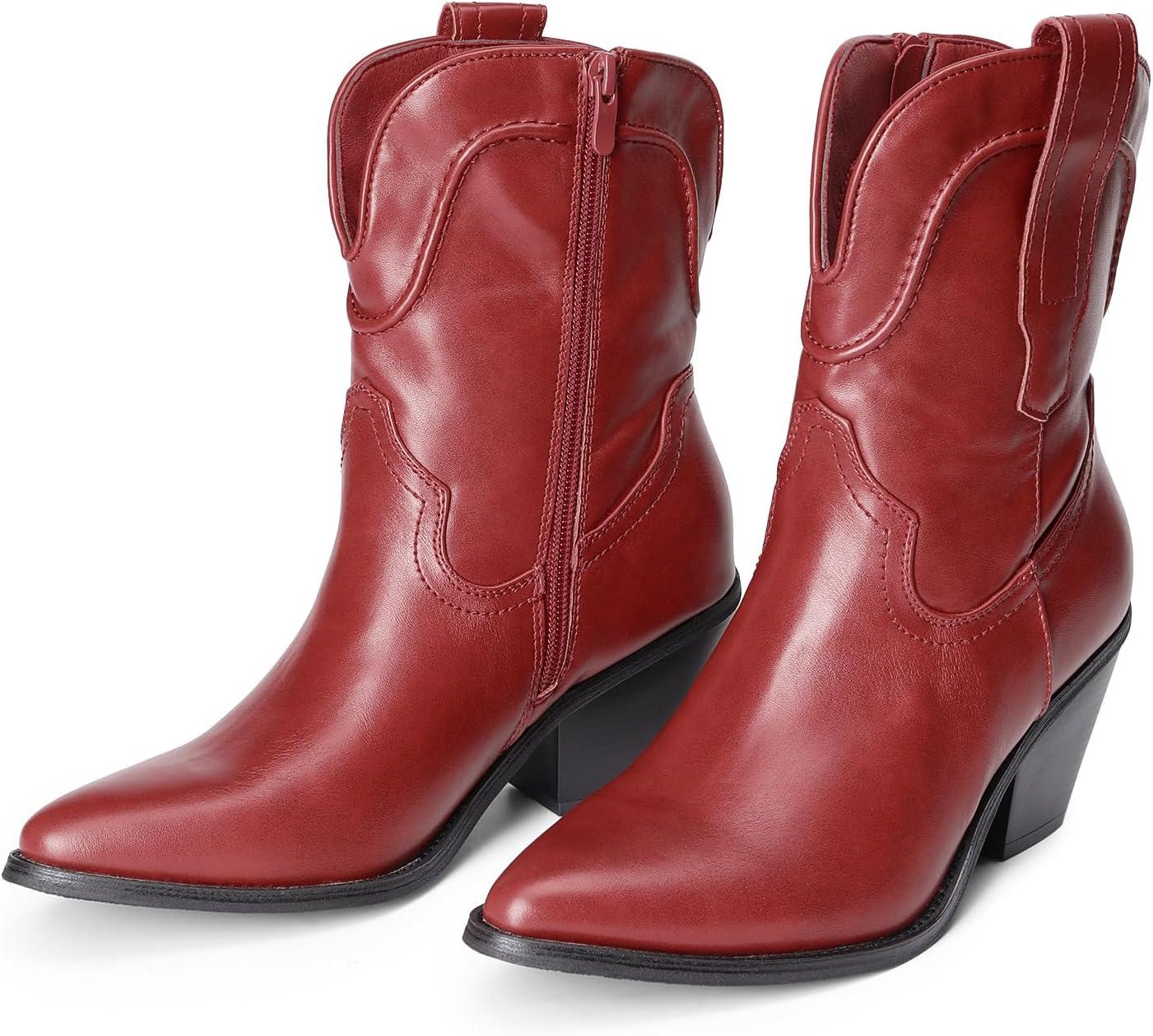 imageDREAM PAIRS Womens Cowboy Ankle Boots Western Booties Low Heel Pointed Toe Cowgirl BootsRed