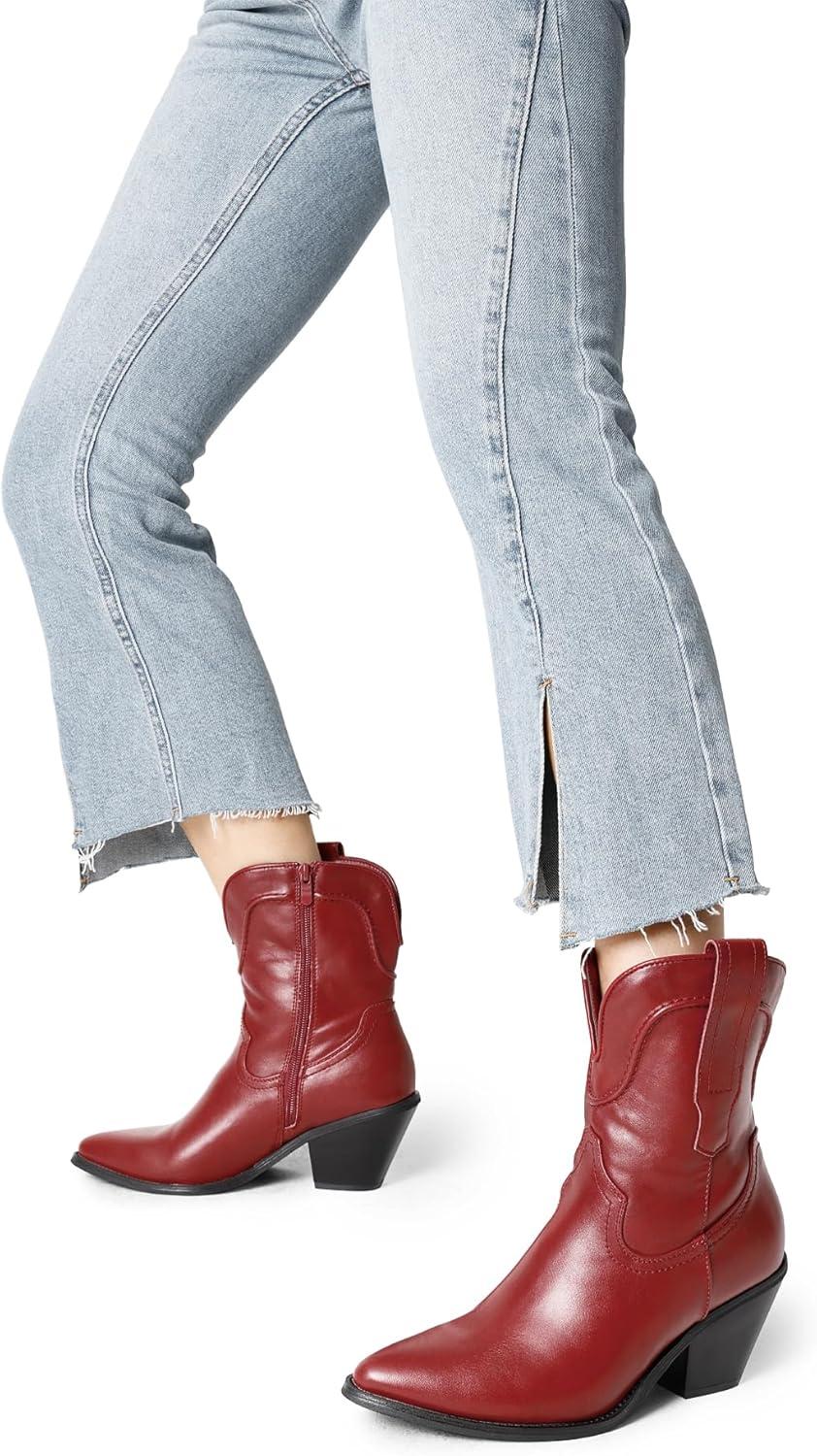 imageDREAM PAIRS Womens Cowboy Ankle Boots Western Booties Low Heel Pointed Toe Cowgirl BootsRed