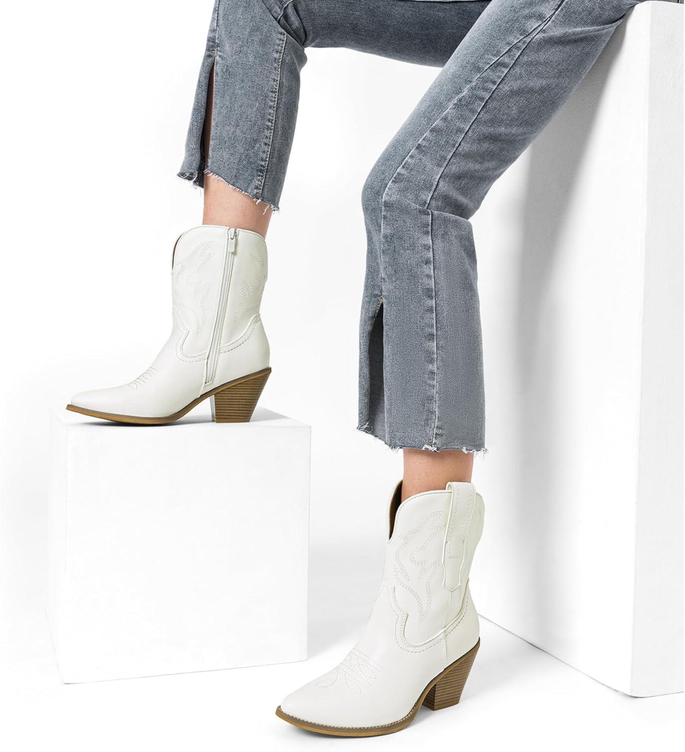 imageDREAM PAIRS Womens Cowboy Ankle Boots Western Booties Low Heel Pointed Toe Cowgirl BootsWhiteembroidery