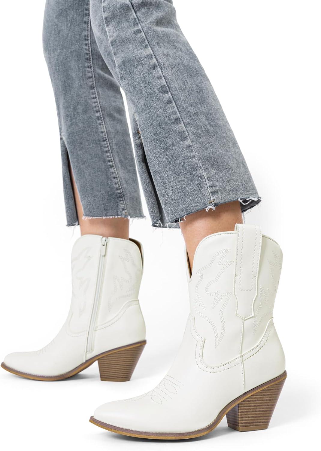 imageDREAM PAIRS Womens Cowboy Ankle Boots Western Booties Low Heel Pointed Toe Cowgirl BootsWhiteembroidery