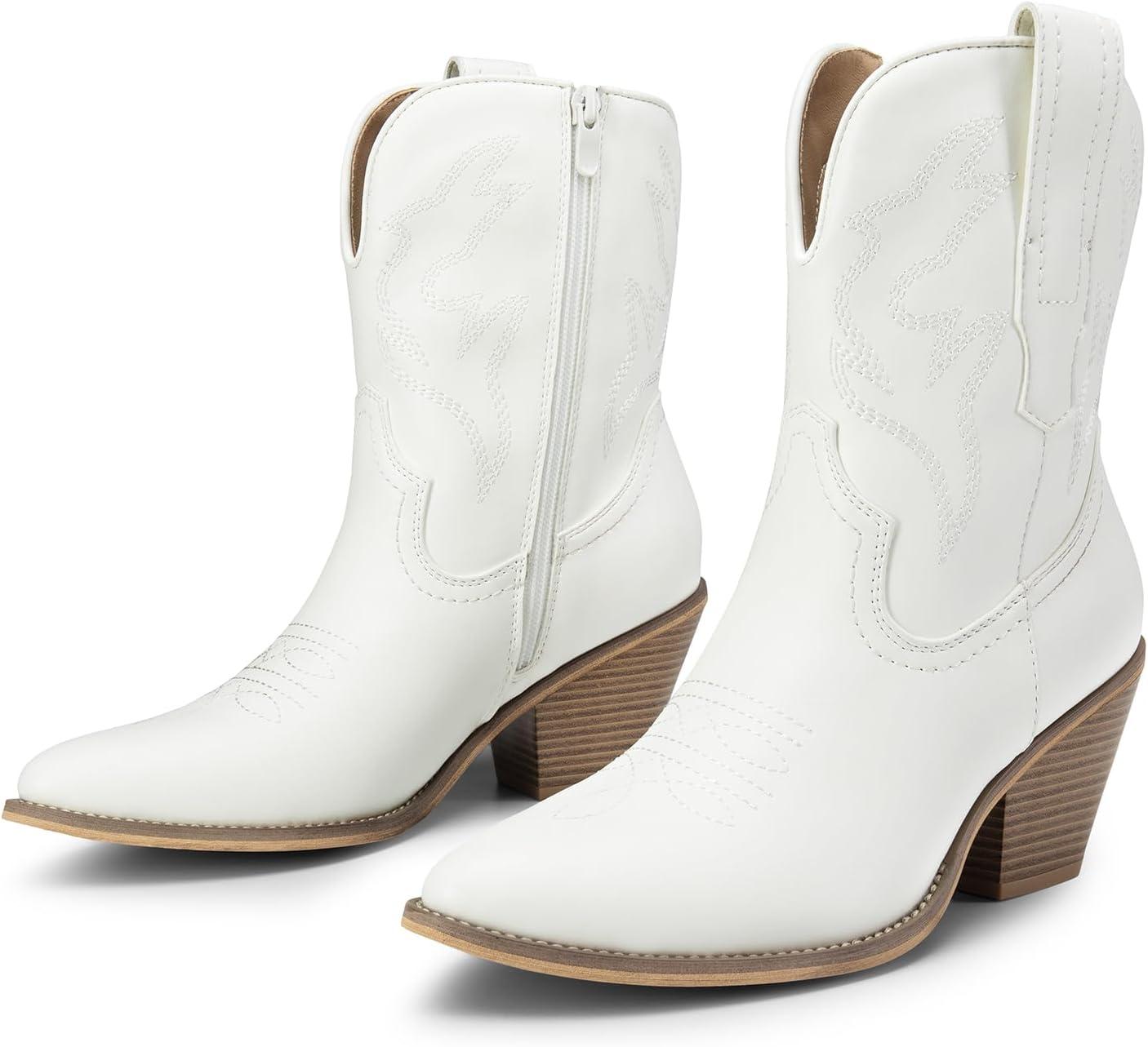 imageDREAM PAIRS Womens Cowboy Ankle Boots Western Booties Low Heel Pointed Toe Cowgirl BootsWhiteembroidery