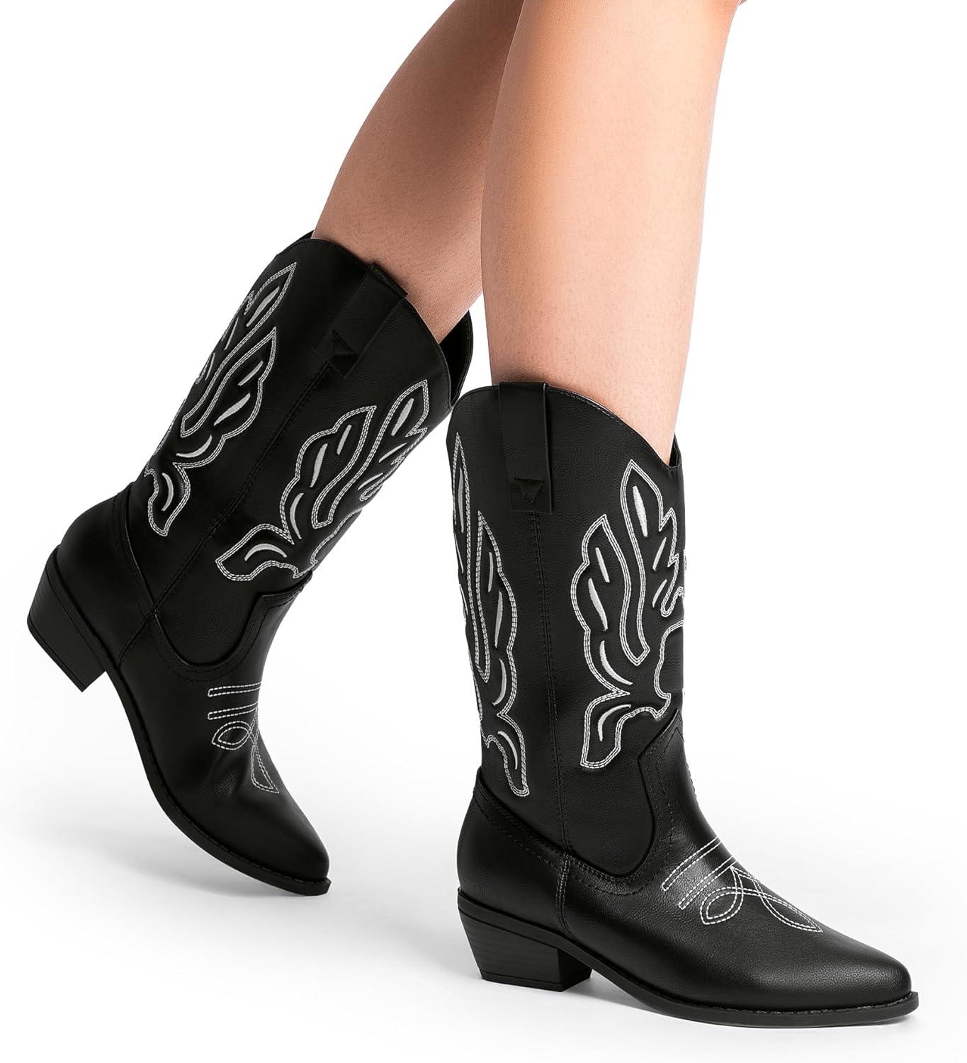imageDREAM PAIRS Womens Cowboy Boots Mid Calf Cowgirl Boots Embroidery Stitched Western BootsBlackpu