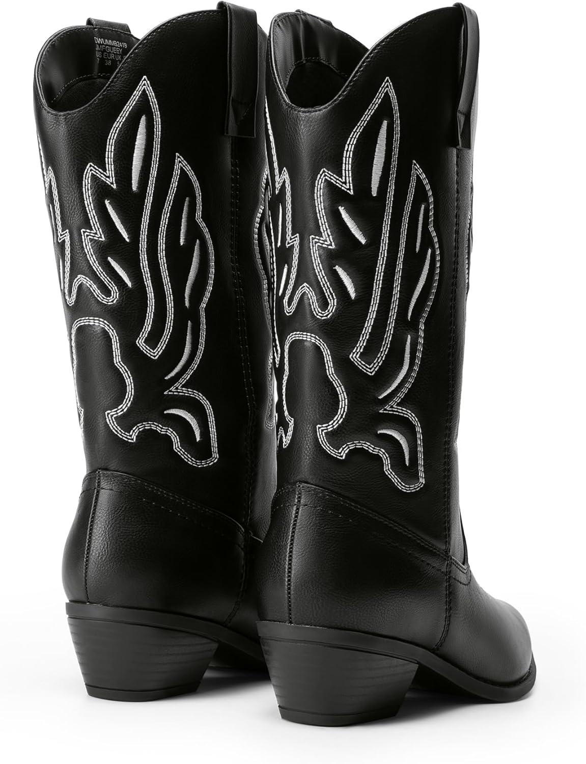 imageDREAM PAIRS Womens Cowboy Boots Mid Calf Cowgirl Boots Embroidery Stitched Western BootsBlackpu