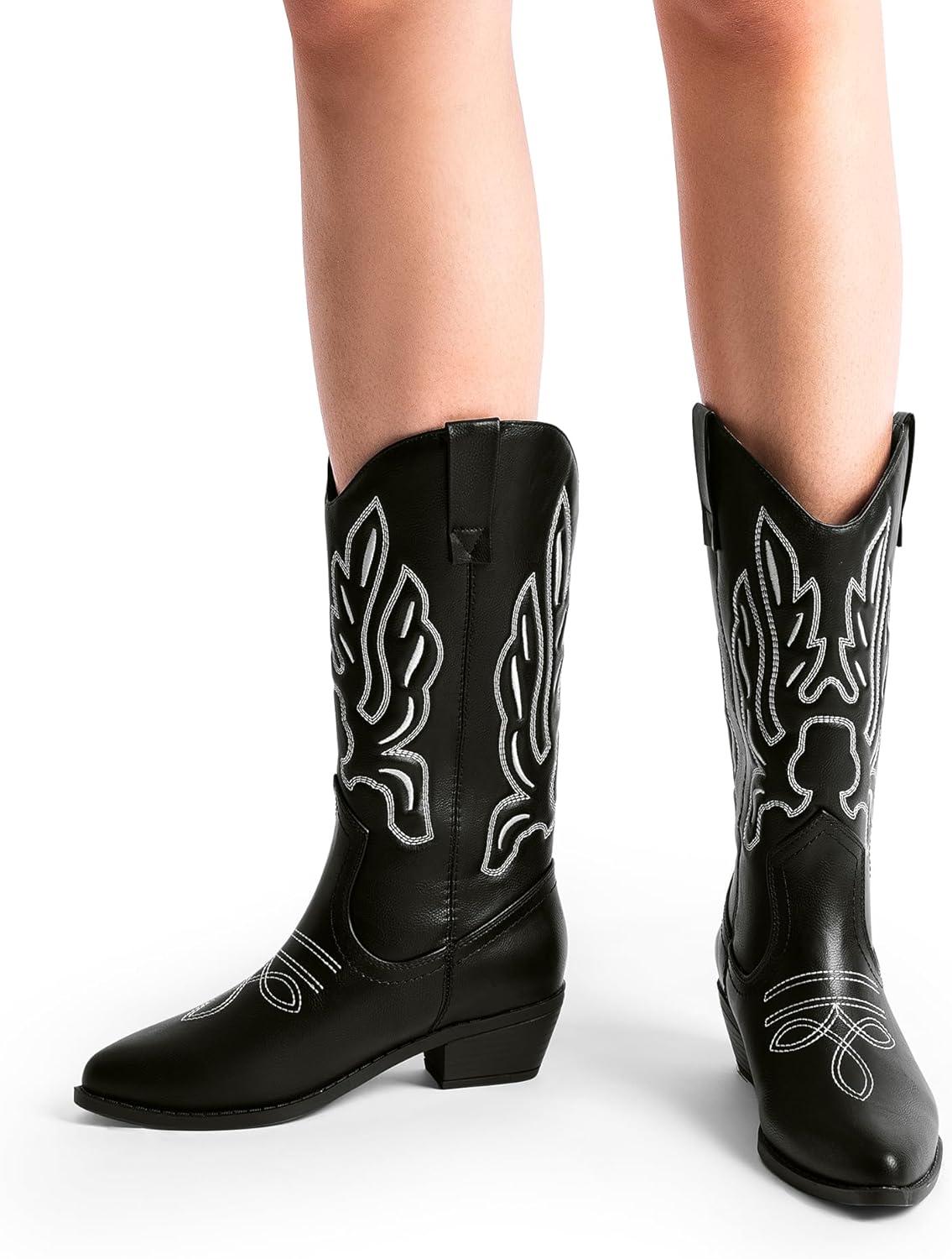 imageDREAM PAIRS Womens Cowboy Boots Mid Calf Cowgirl Boots Embroidery Stitched Western BootsBlackpu