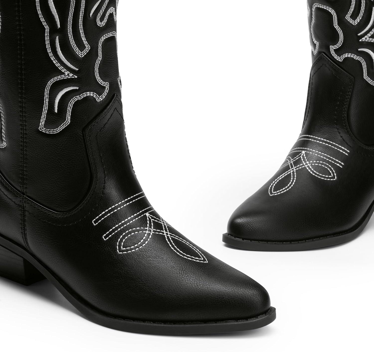 imageDREAM PAIRS Womens Cowboy Boots Mid Calf Cowgirl Boots Embroidery Stitched Western BootsBlackpu