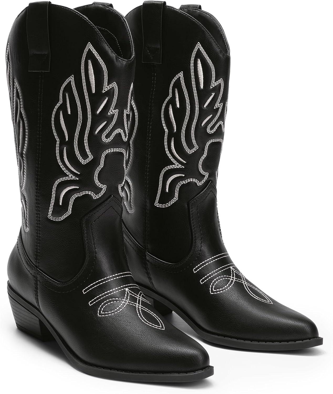 imageDREAM PAIRS Womens Cowboy Boots Mid Calf Cowgirl Boots Embroidery Stitched Western BootsBlackpu