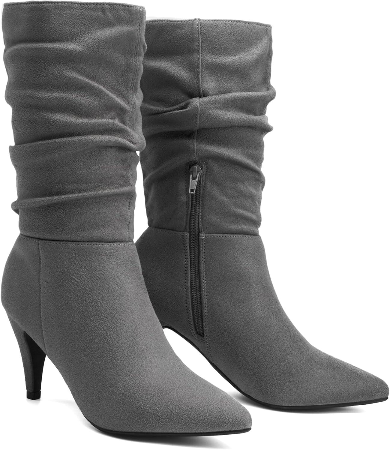 imageDREAM PAIRS Womens High Heel Mid Calf Boots Slouchy Pointed Toe Fall BootsLight GreyK
