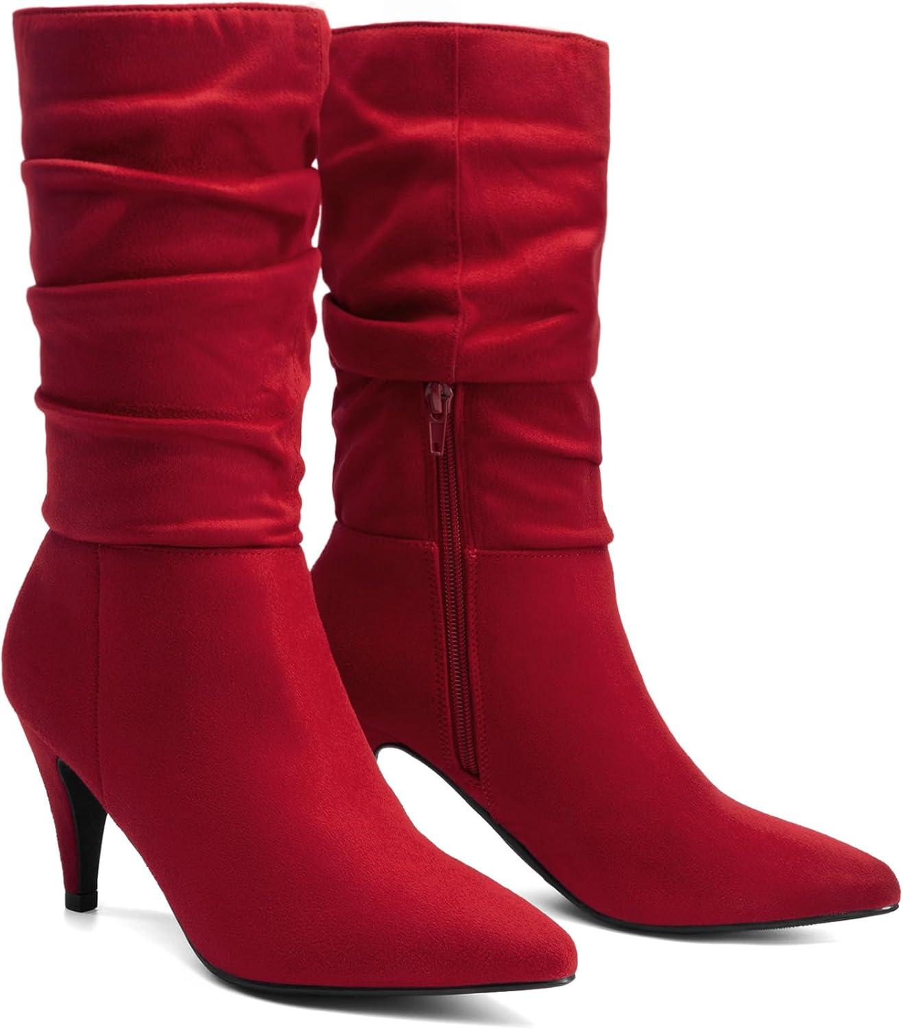 imageDREAM PAIRS Womens High Heel Mid Calf Boots Slouchy Pointed Toe Fall BootsRedK