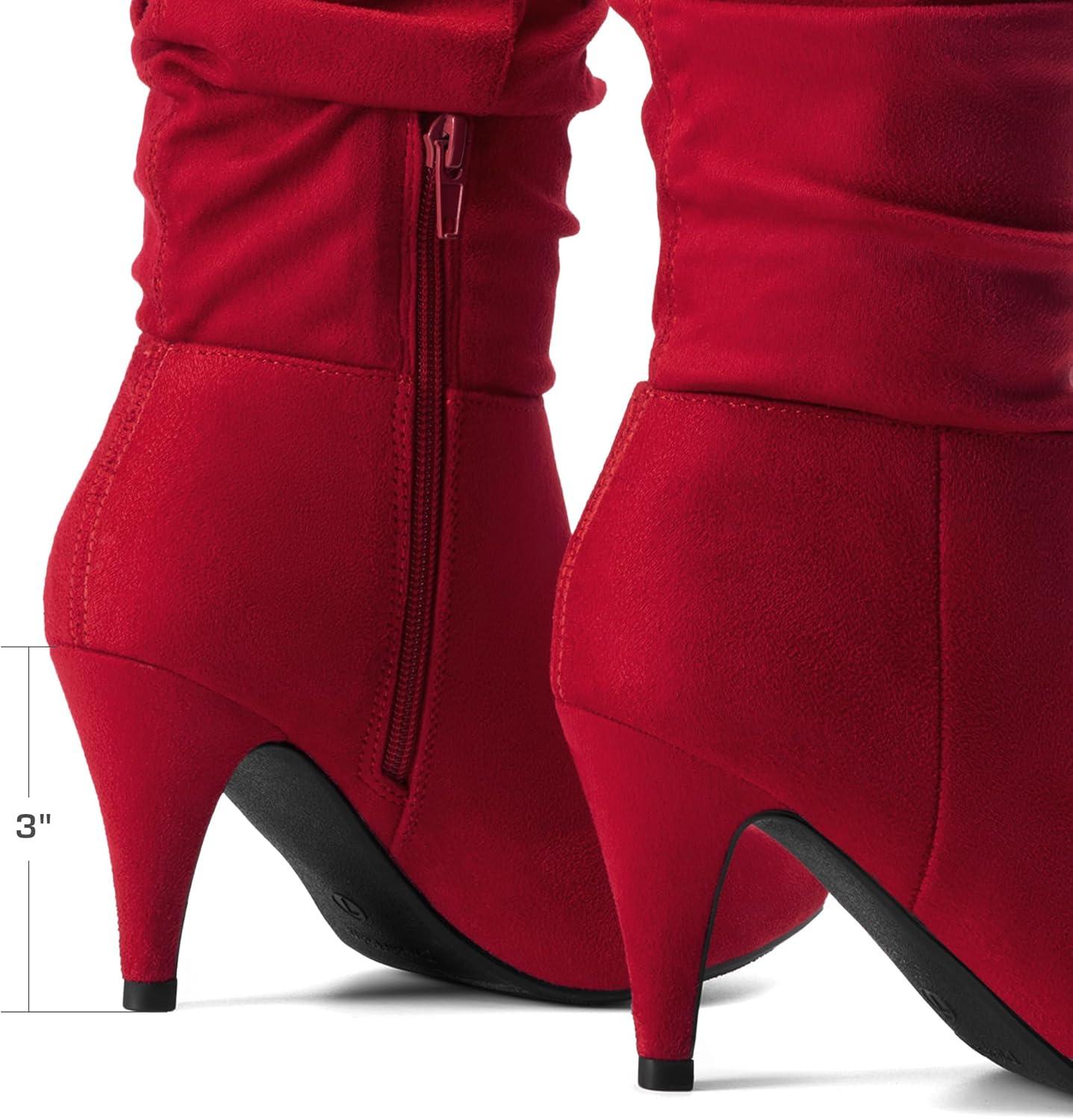 imageDREAM PAIRS Womens High Heel Mid Calf Boots Slouchy Pointed Toe Fall BootsRedK