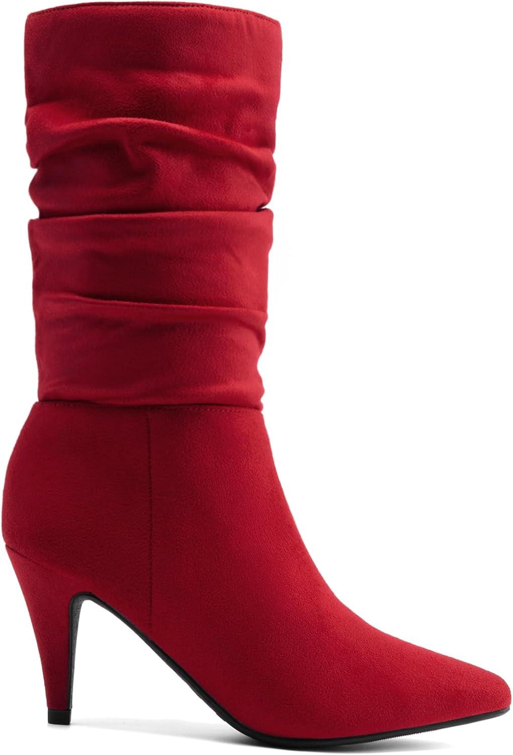 imageDREAM PAIRS Womens High Heel Mid Calf Boots Slouchy Pointed Toe Fall BootsRedK