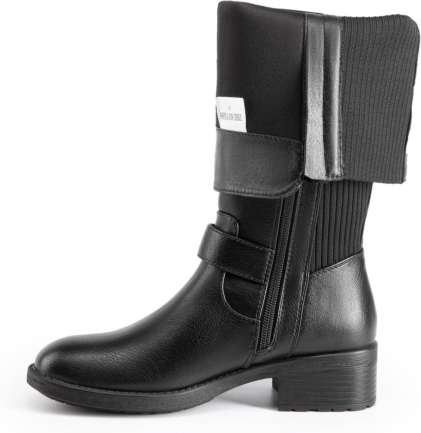 imageDREAM PAIRS Womens Knee High Boots Comfortable Elastic Knit Fabric Chunky Block Heel Round Toe Side Zipper Riding Biker Motorcycle Buckle BootsSize 85BLACKFABRICUTAH1