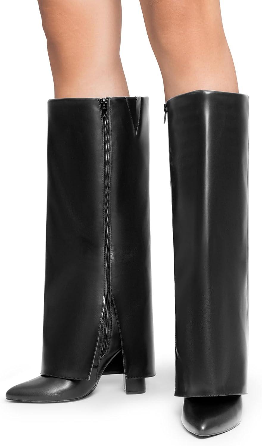 imageDREAM PAIRS Womens Knee High Boots Fold Over Chunky High Heels Long Boots Zipper Pointed Toe Dress Tall Boots Party Fashion Boots