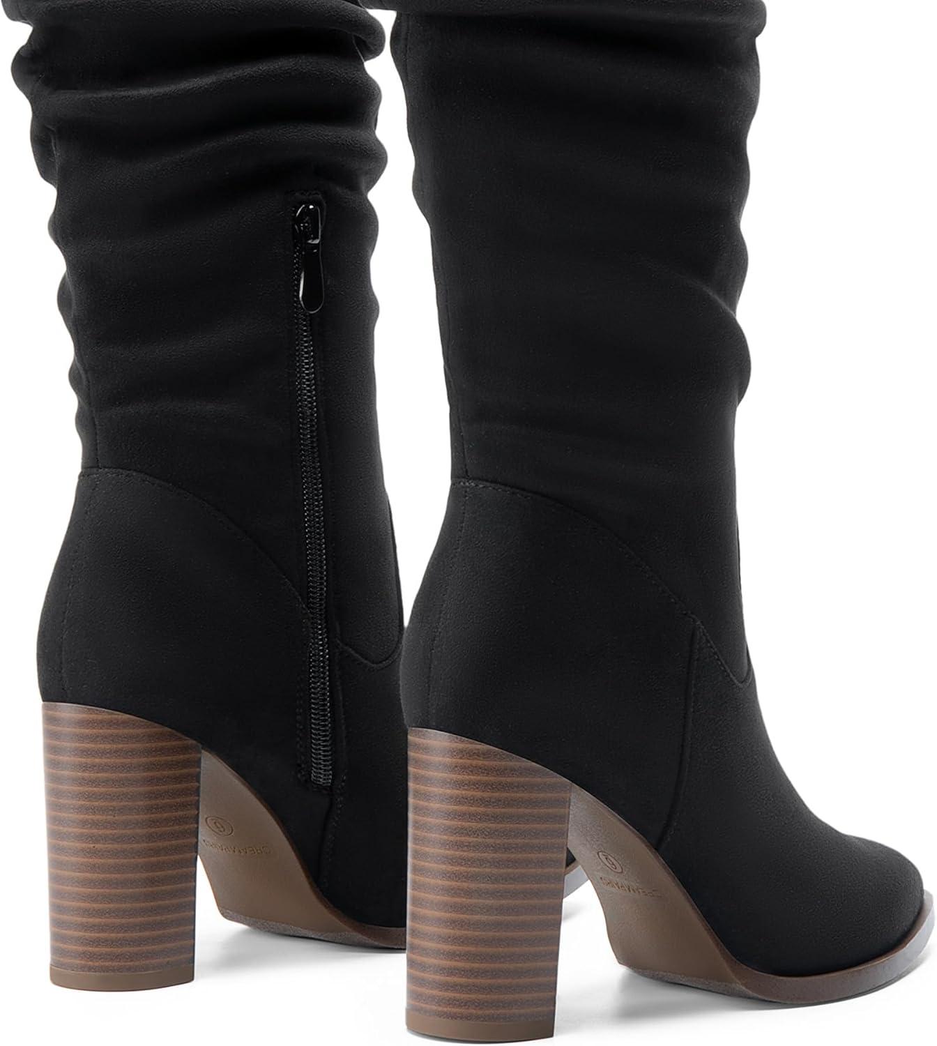 imageDREAM PAIRS Womens Knee High Boots Pointed Toe Chunky Block Heel Suede Boots Comfortable for Women with Side Zipper Fashion Slouchy Fall BootsBlack