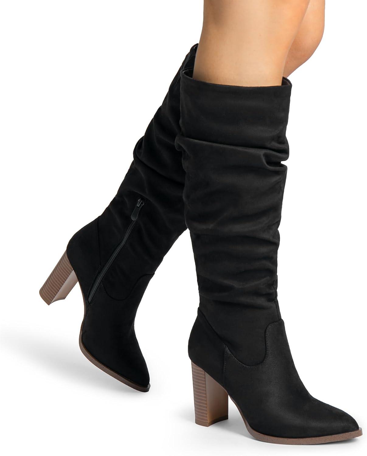 imageDREAM PAIRS Womens Knee High Boots Pointed Toe Chunky Block Heel Suede Boots Comfortable for Women with Side Zipper Fashion Slouchy Fall BootsBlack