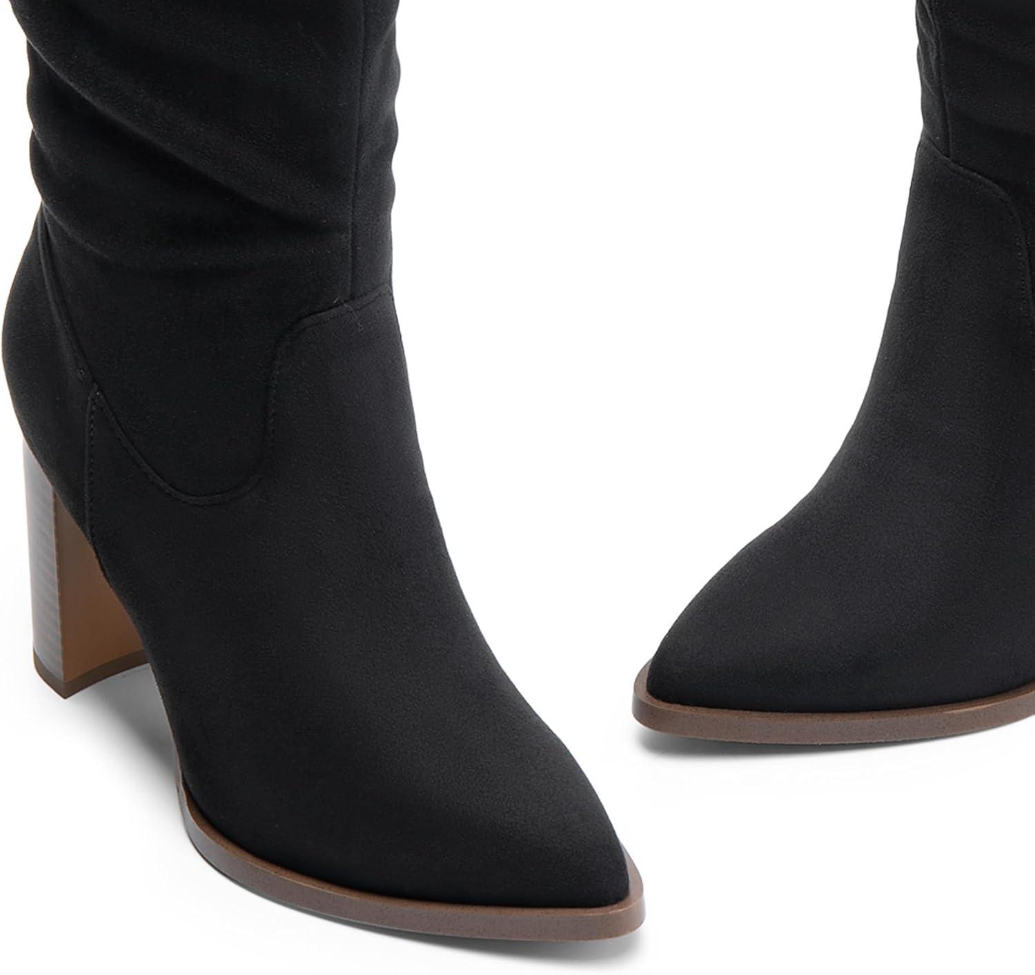 imageDREAM PAIRS Womens Knee High Boots Pointed Toe Chunky Block Heel Suede Boots Comfortable for Women with Side Zipper Fashion Slouchy Fall BootsBlack