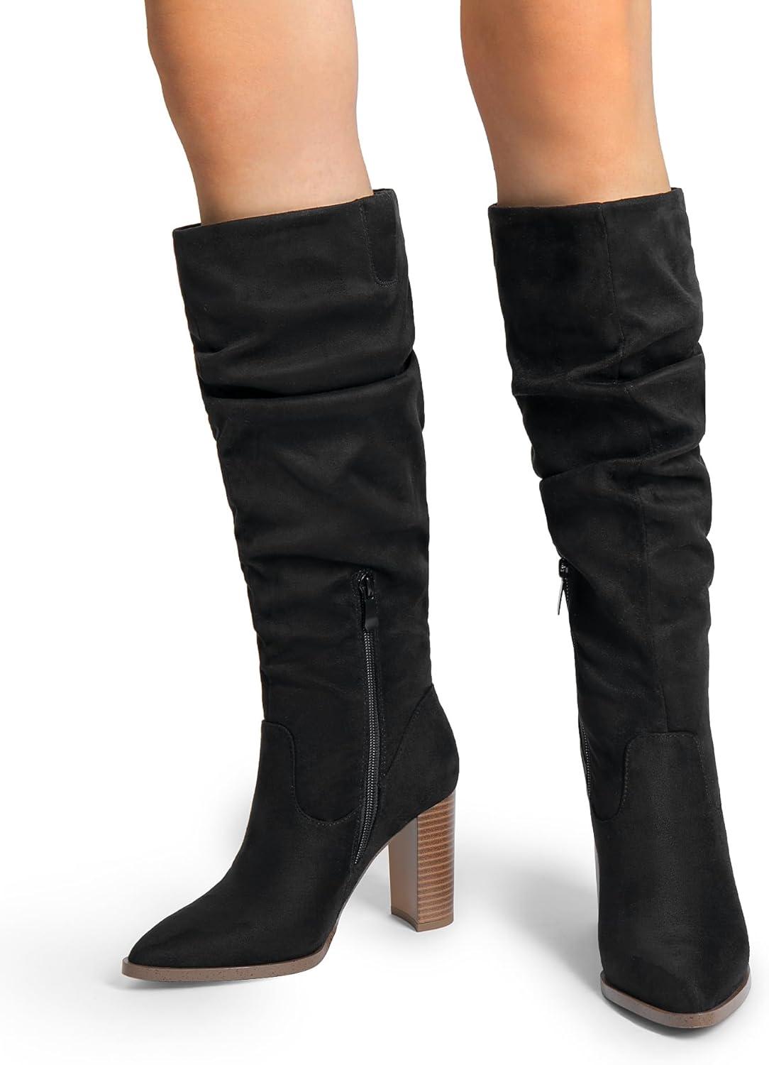 imageDREAM PAIRS Womens Knee High Boots Pointed Toe Chunky Block Heel Suede Boots Comfortable for Women with Side Zipper Fashion Slouchy Fall BootsBlack