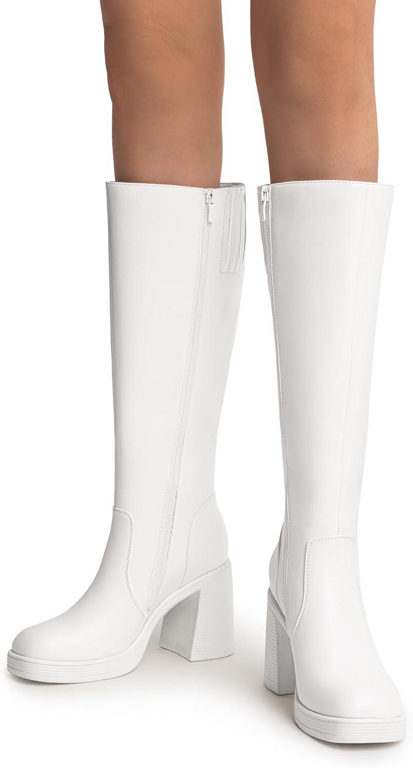 imageDREAM PAIRS Womens Knee High Boots Square Toe Chunky Block Heel Side Zipper Platform Gogo Boots