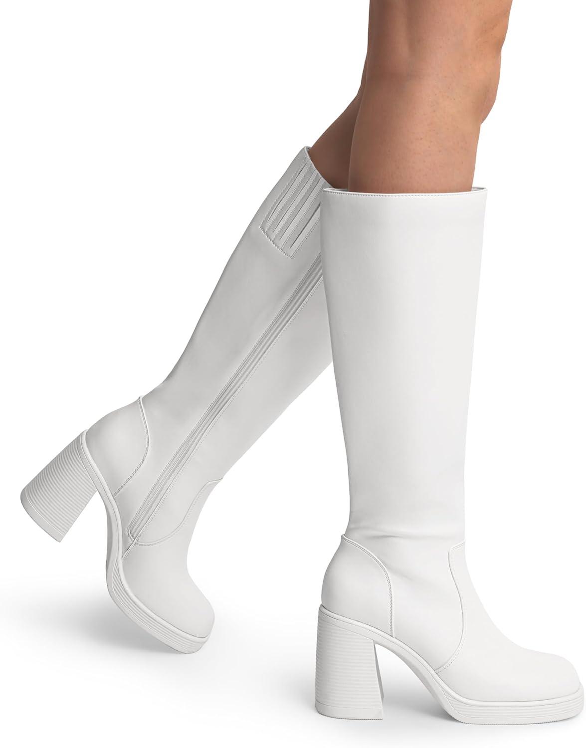 imageDREAM PAIRS Womens Knee High Boots Square Toe Chunky Block Heel Side Zipper Platform Gogo Boots