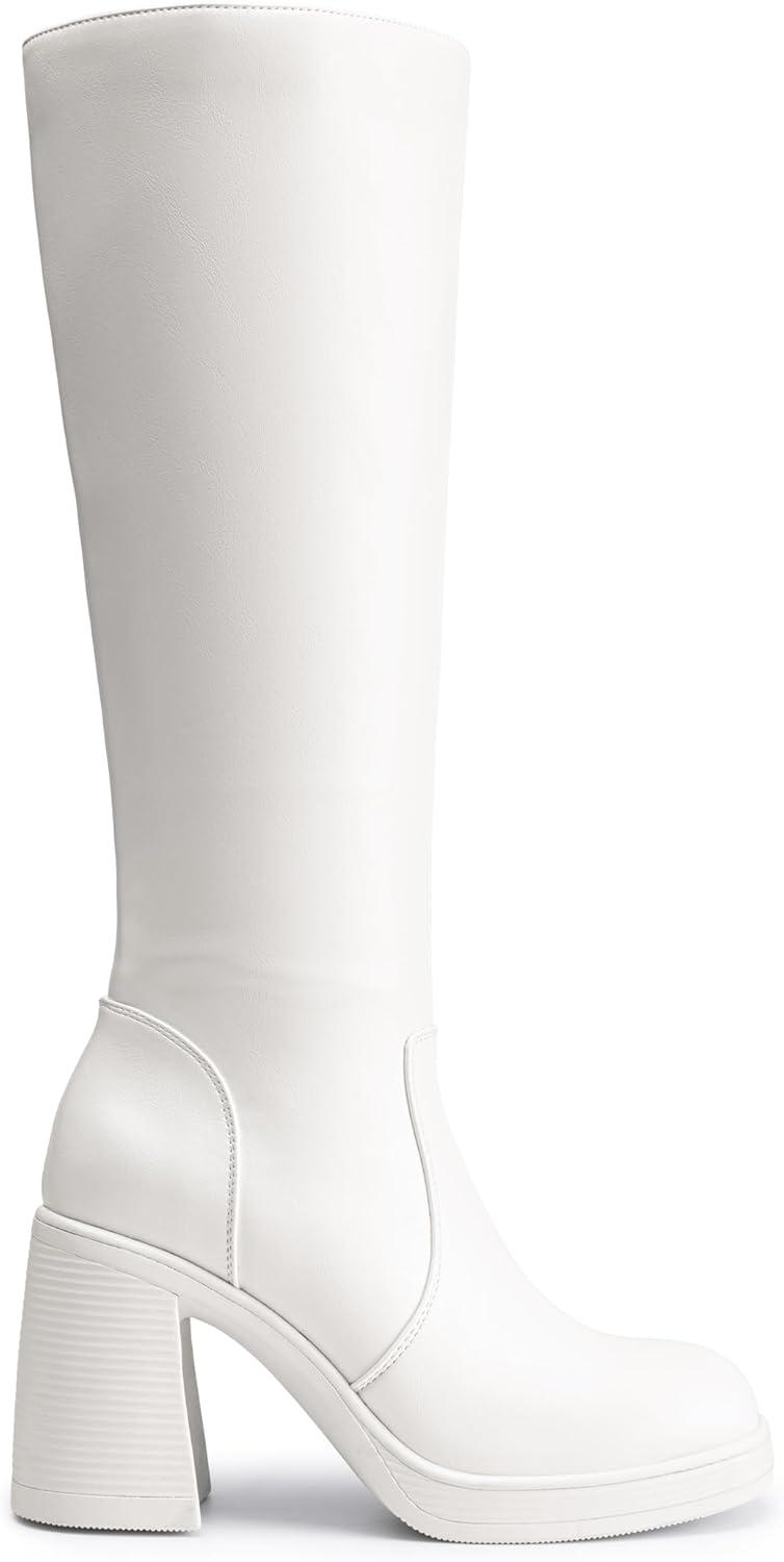 imageDREAM PAIRS Womens Knee High Boots Square Toe Chunky Block Heel Side Zipper Platform Gogo Boots
