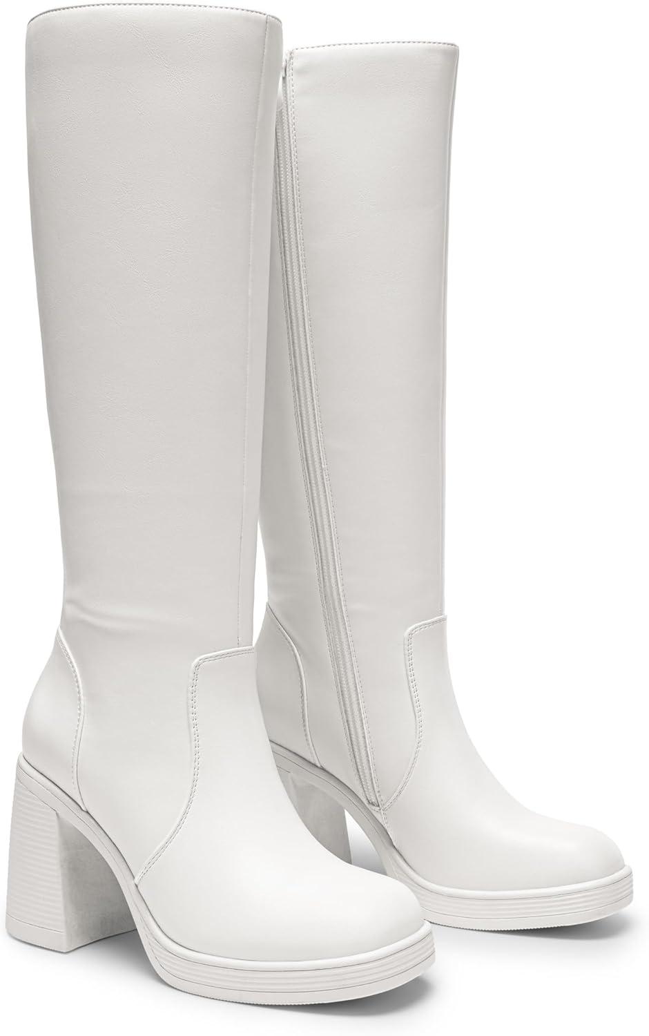 imageDREAM PAIRS Womens Knee High Boots Square Toe Chunky Block Heel Side Zipper Platform Gogo Boots