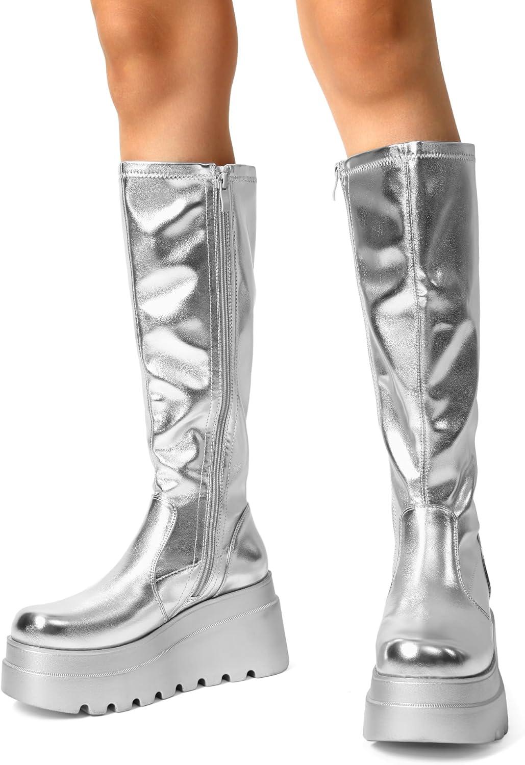 imageDREAM PAIRS Womens Knee High Boots Wedge Platform Chunky Heel Round Toe Side Zipper Fashion Long Tall Sock Punk Goth Boots for WomenSilver