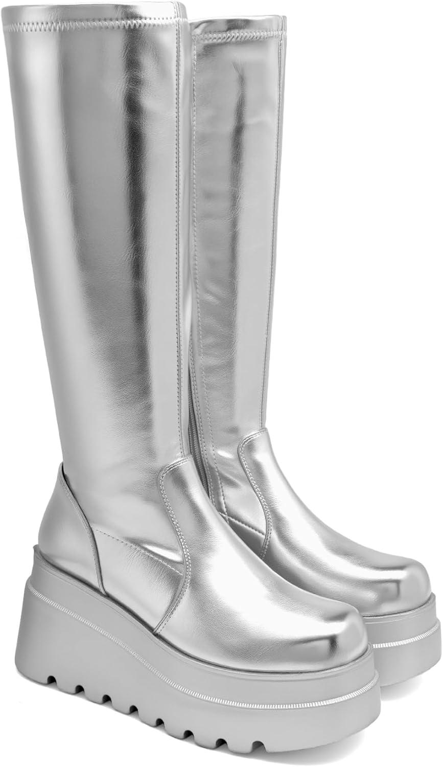 imageDREAM PAIRS Womens Knee High Boots Wedge Platform Chunky Heel Round Toe Side Zipper Fashion Long Tall Sock Punk Goth Boots for WomenSilver