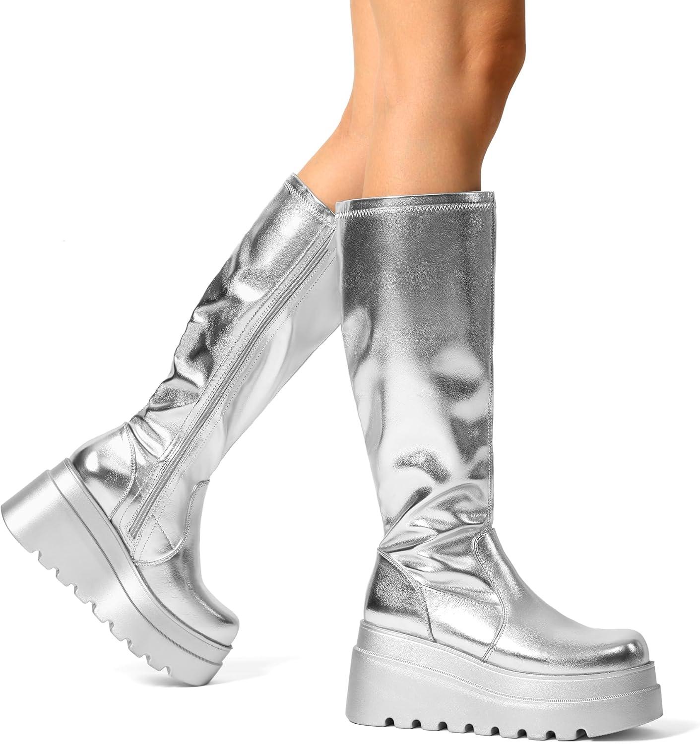 imageDREAM PAIRS Womens Knee High Boots Wedge Platform Chunky Heel Round Toe Side Zipper Fashion Long Tall Sock Punk Goth Boots for WomenSilver