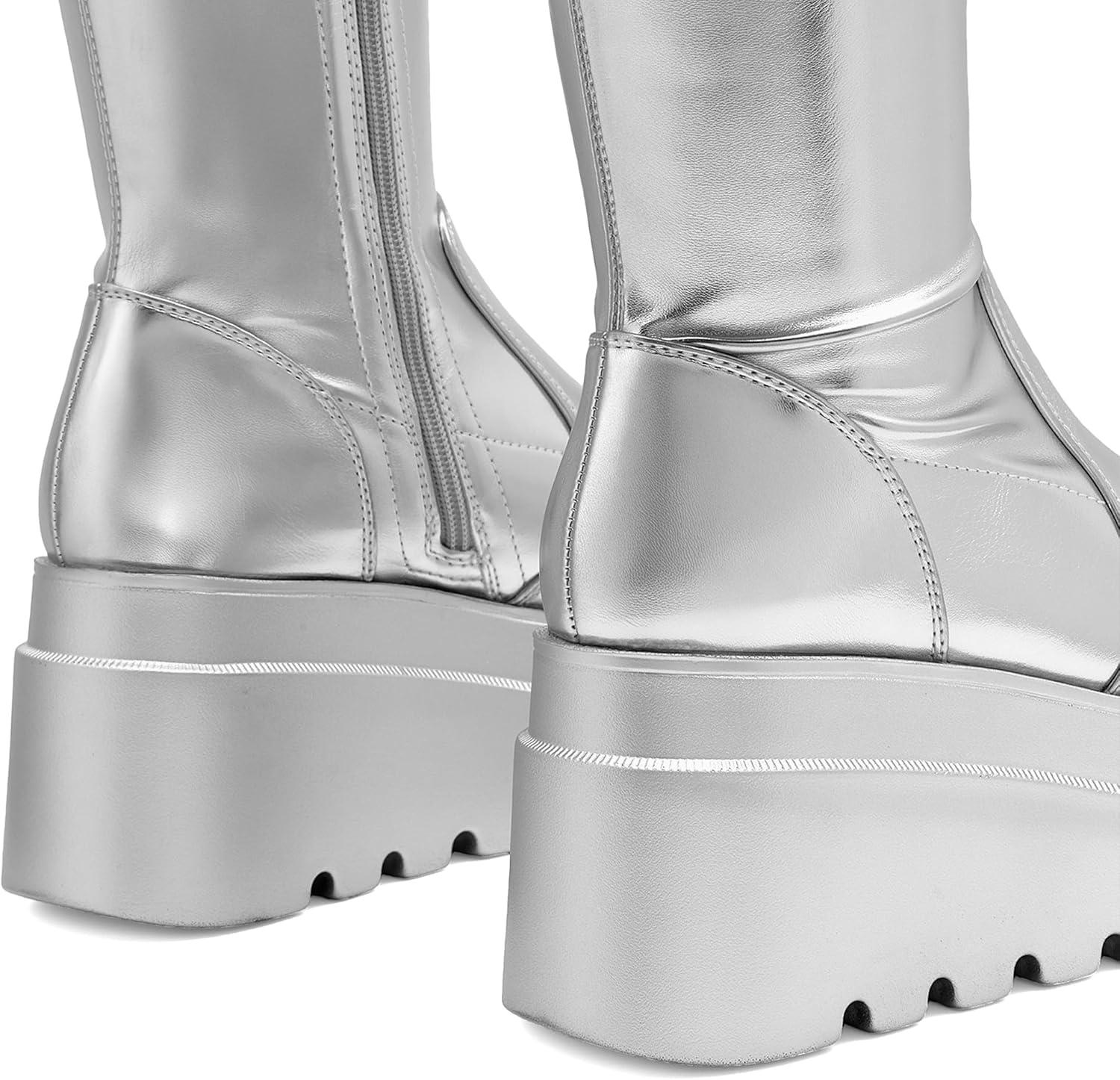 imageDREAM PAIRS Womens Knee High Boots Wedge Platform Chunky Heel Round Toe Side Zipper Fashion Long Tall Sock Punk Goth Boots for WomenSilver