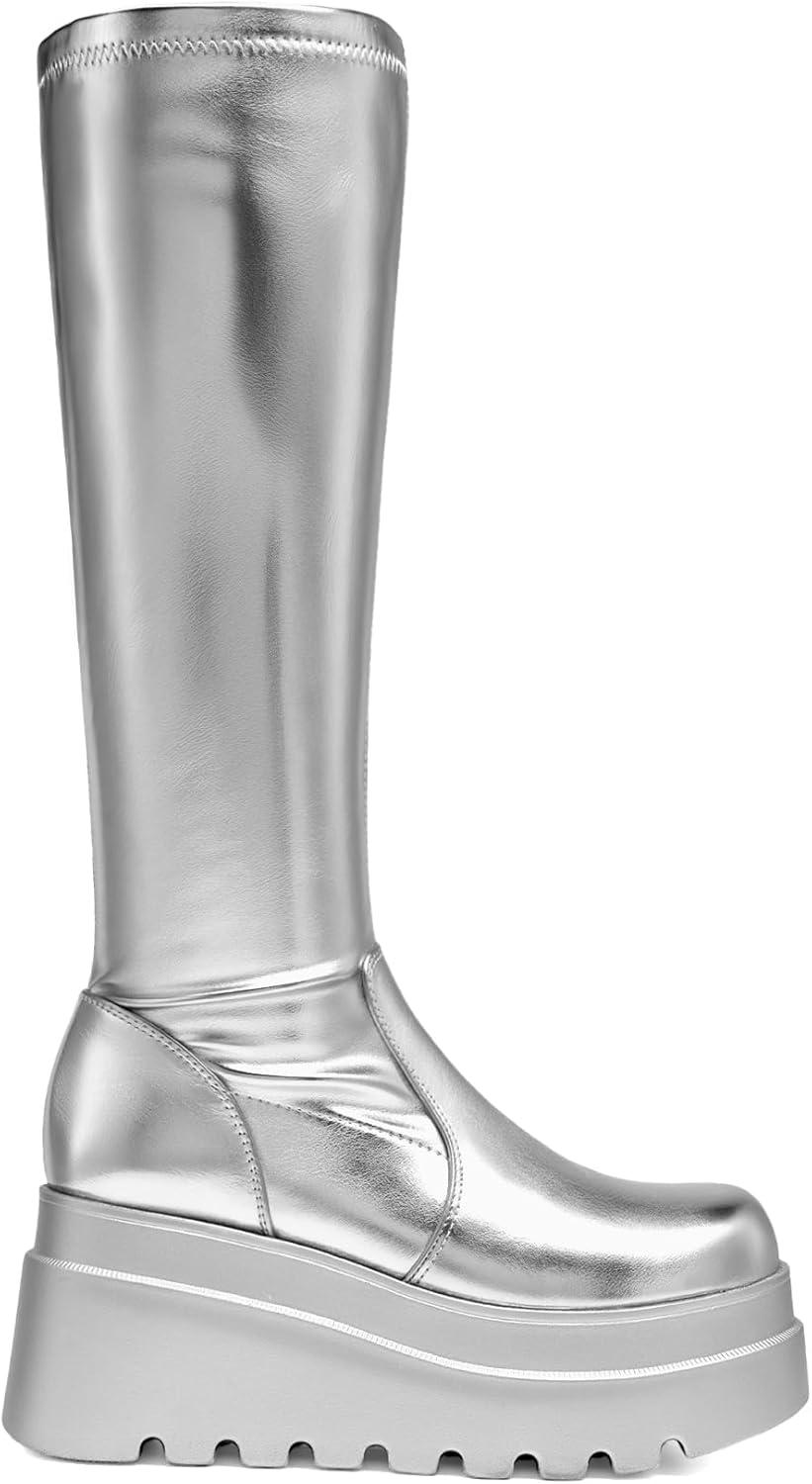 imageDREAM PAIRS Womens Knee High Boots Wedge Platform Chunky Heel Round Toe Side Zipper Fashion Long Tall Sock Punk Goth Boots for WomenSilver