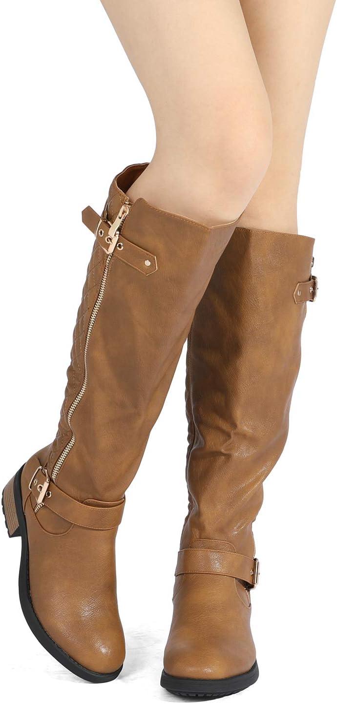 imageDREAM PAIRS Womens Knee High Boots Wide Calf Low Heel Riding Boots Fall Tall Boots for WomenCamel