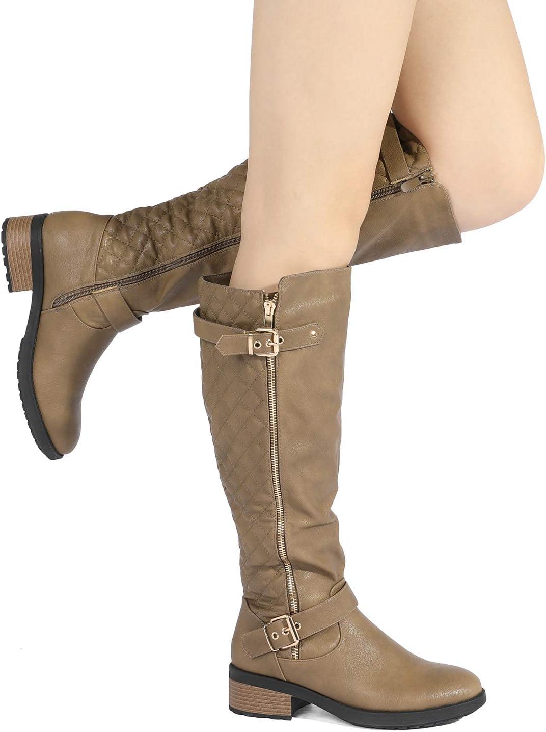 imageDREAM PAIRS Womens Knee High Boots Wide Calf Low Heel Riding Boots Fall Tall Boots for WomenKhaki
