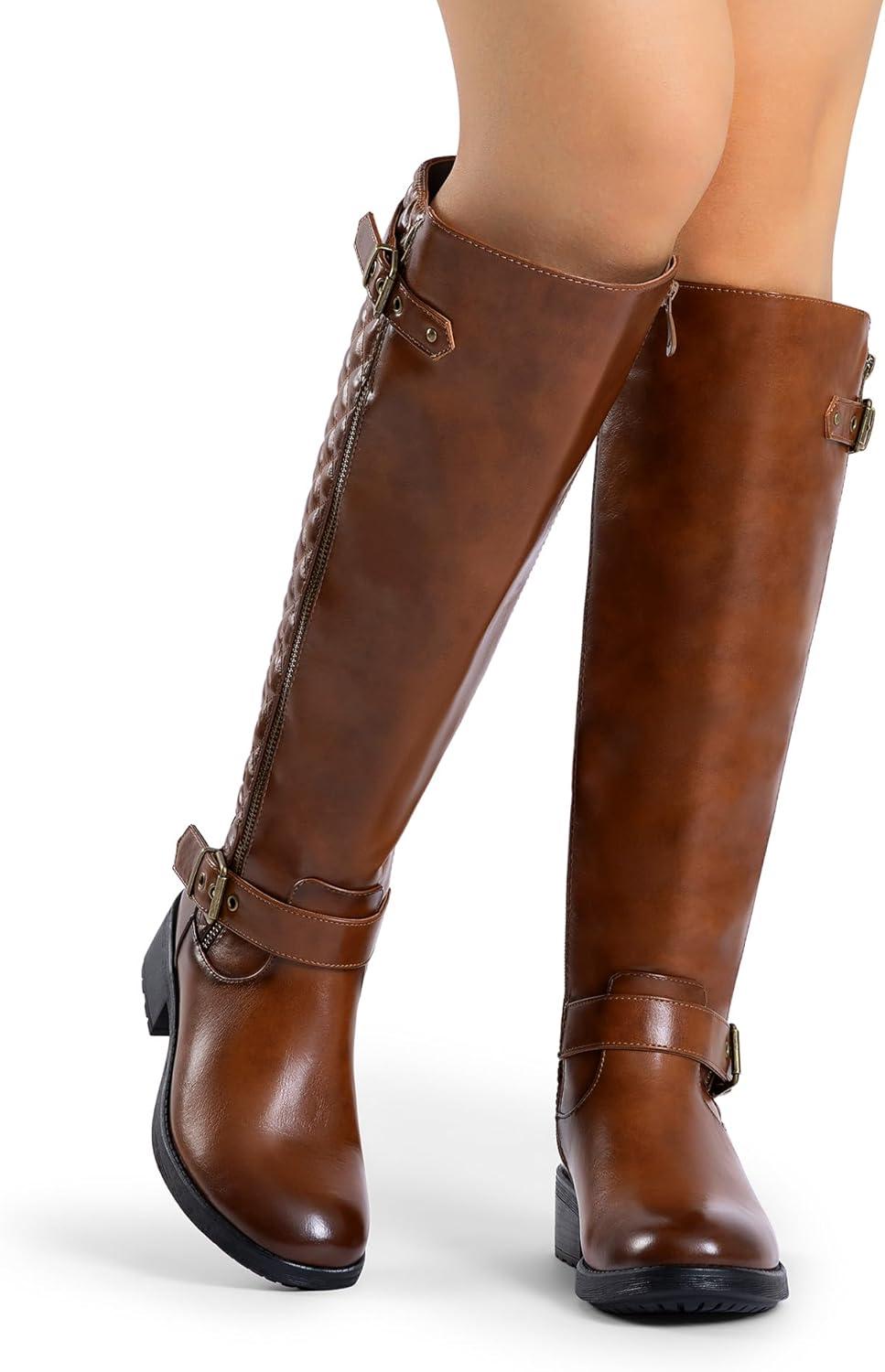 imageDREAM PAIRS Womens Knee High Boots Wide Calf Low Heel Riding Boots Fall Tall Boots for WomenTan