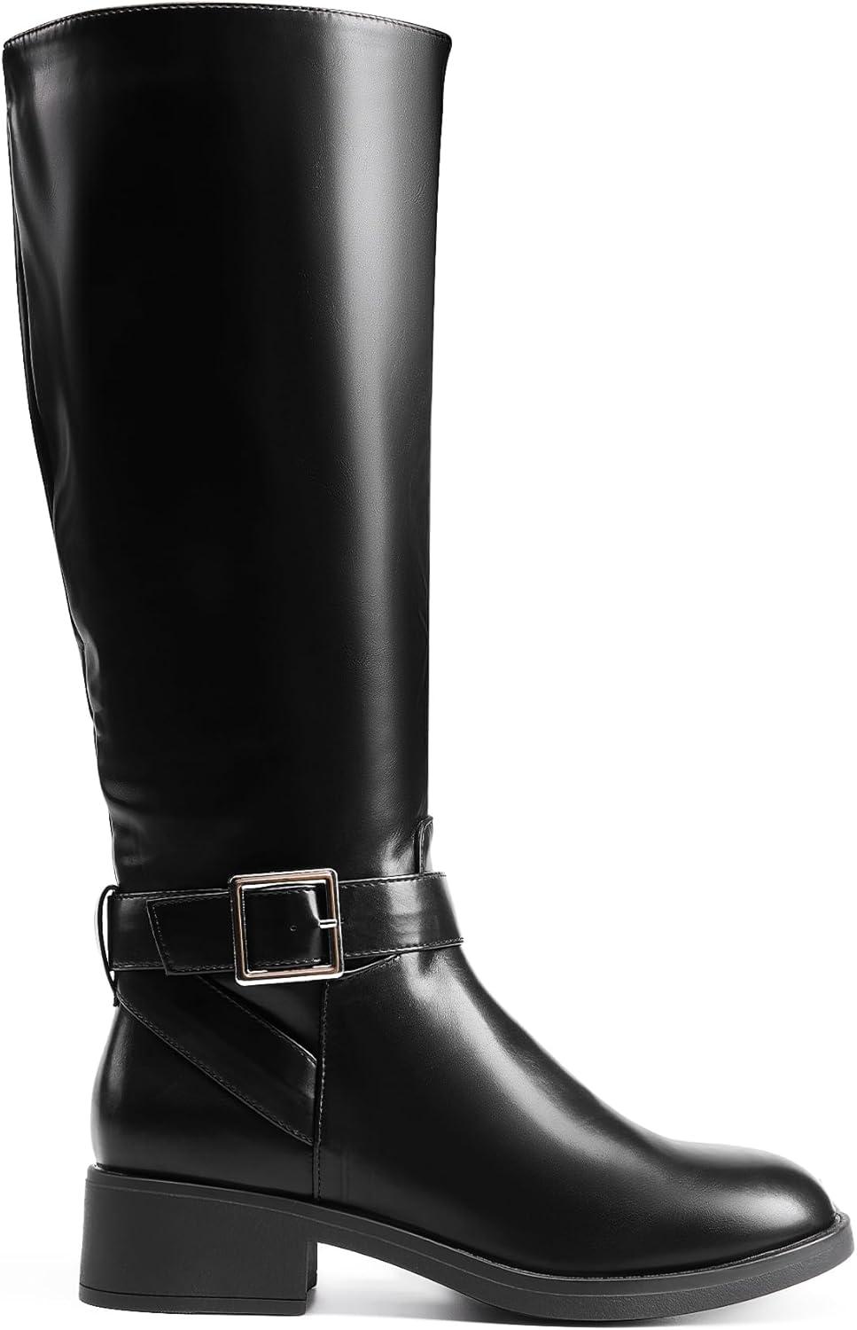 imageDREAM PAIRS Womens Knee High Riding Boots Comfortable Low Chunky Heel Side Zipper Round Toe Casual Classic RanchingBlackoil Skin